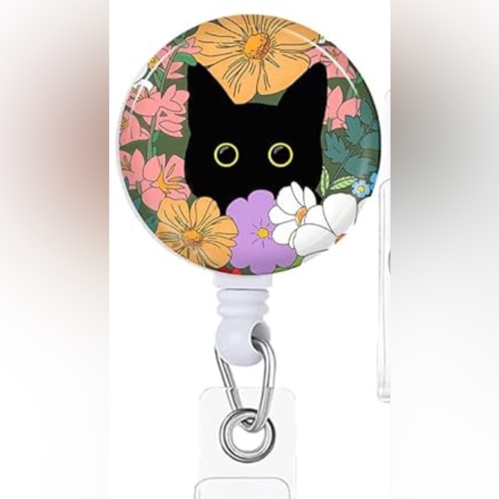 2 Cat Badge Reel clip ID holder floral kitty charm